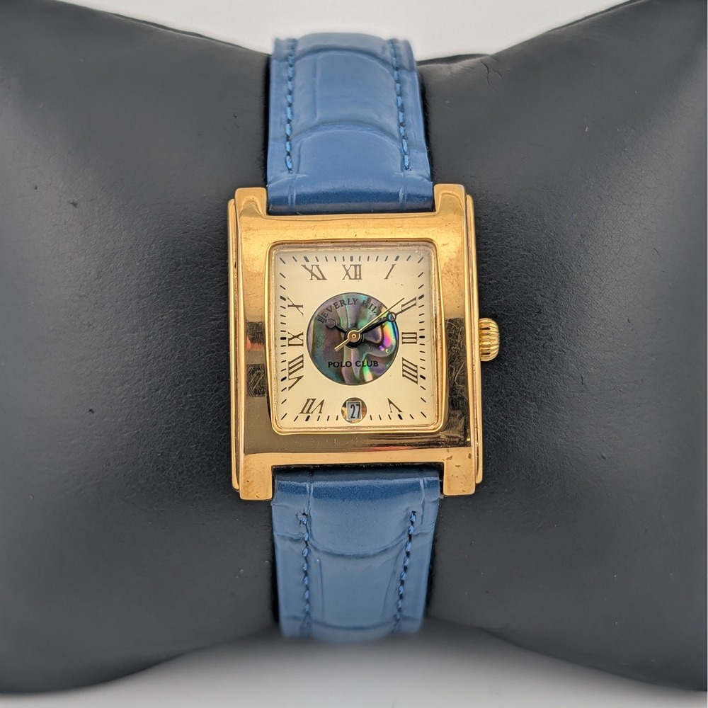 Beverly Hills Polo Club Tank Watch Gold Tone Blue Strap MOP Roman Numerals Date